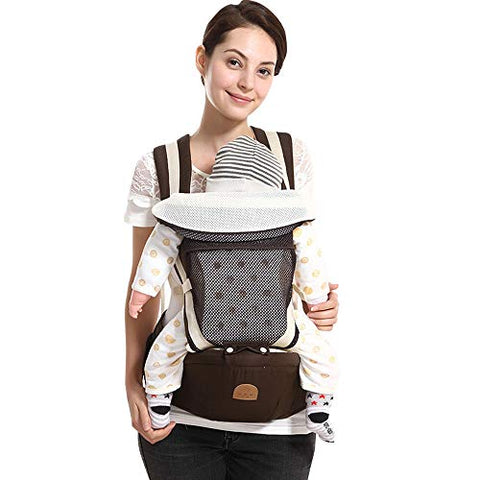 Baby Carrier Hip Seat Toddler 360 Ergonomic Breathable Soft Baby Backpack Carrier Seat Belt Waistband Hip Support with Pocket for Newborn, Infant & Toddler, All Season, Multi-Position (Brown)