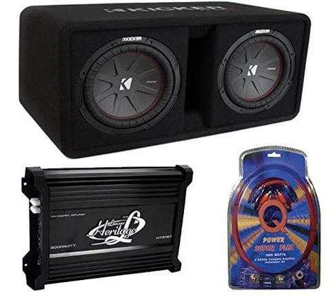 Kicker 43DCWR102 10" 2400W Dual Car Subwoofers + Box + 3000W Mono Amp + Amp Kit