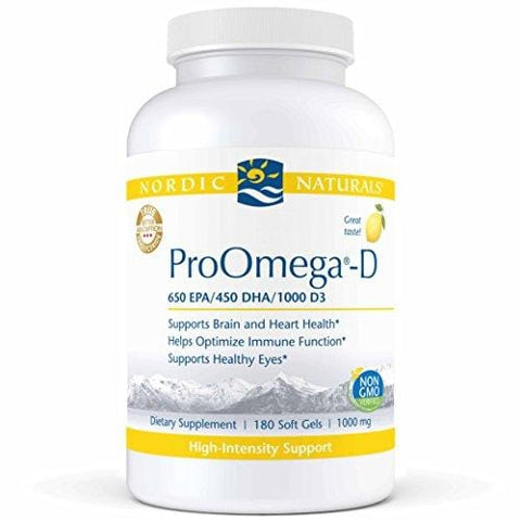 Nordic Naturals ProOmega-D - Fish Oil, 650 mg EPA, 450 mg DHA, 1000 IU vitamin D3 Cholecalciferol, Support for Cardiovascular, Neurological, Eye, and Immune Health*, Lemon Flavored, 180 Soft Gels