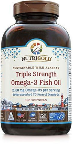 Nutrigold Triple Strength Omega-3 Fish Oil Supplement, 2100 mg, 180 Softgels