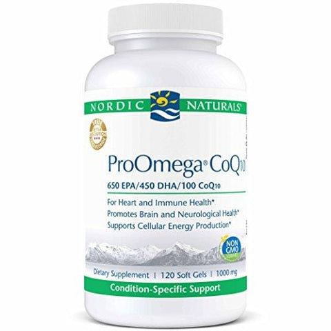 Nordic Naturals ProOmega CoQ10 - Fish Oil, 650 mg EPA, 450 mg DHA, 100 mg CoQ10, Promotes Neurological Health and Cellular Energy Production*, 120 Soft Gels