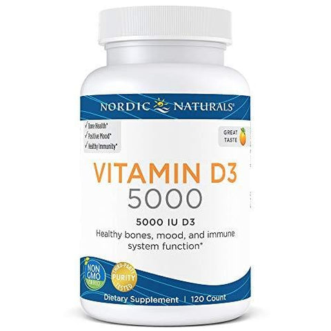 Nordic Naturals Vitamin D3 5000 - Potent Dose of Vitamin D3 for Bone Health, Mood and Sleep Rhythm Support, and Immune System Function*, Orange, 120 Soft Gels