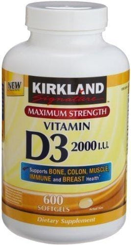 Kirkland Signature Maximum Strength Vitamin D3 2000 I.U. 600 Softgels, Bottle Personal Healthcare / Health Care