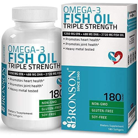 Omega 3 Fish Oil Triple Strength 2720 mg - High EPA 1250 mg DHA 488 mg - Heavy Metal Tested - Non GMO Gluten Free Soy Free - 180 Softgels