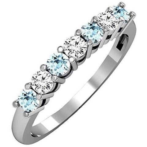 Dazzlingrock Collection 14K Round Aquamarine & White Diamond Ladies 7 Stone Wedding Band Ring, White Gold, Size 6.5