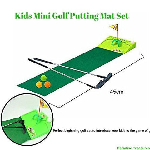 Paradise Treasures Kids Golf Set - Putting Mat Indoor and Outdoor Mini Golf for Children-2 Metal Golf Clubs,4xGolf Balls,Golf Flag and Green