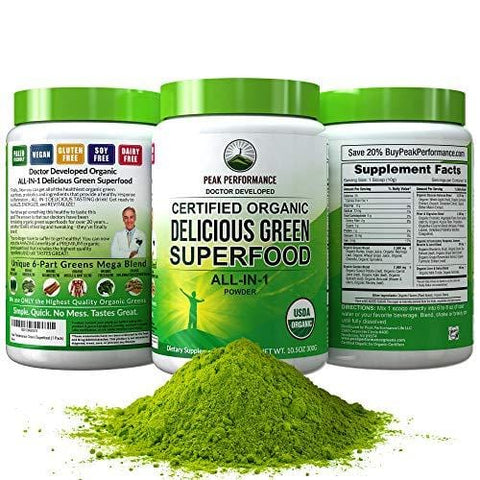 Peak Performance Organic Greens Superfood Powder. Best Tasting Organic Green Juice Super Food with 25+ All Natural Ingredients for Max Energy & Detox. Spirulina, Spinach, Kale, Turmeric Probiotics