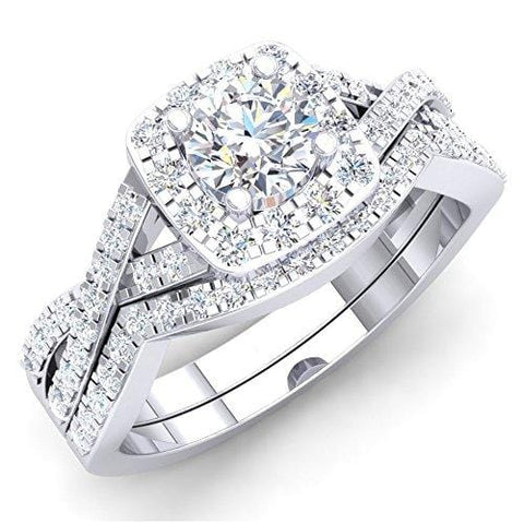 Dazzlingrock Collection 1.80 Carat (ctw) 10K Round Cubic Zirconia CZ Bridal Halo Engagement Ring Set, White Gold, Size 4