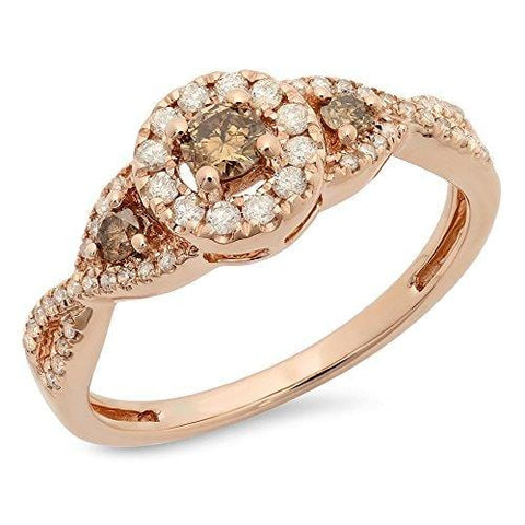 Dazzlingrock Collection 0.50 Carat (ctw) 10K Champagne & White Diamond 3 Stone Engagement Ring 1/2 CT, Rose Gold, Size 7