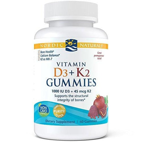 Nordic Naturals Vitamin D3 Plus K2 Gummies - Vitamin D3 from Natural Cholecalciferol for Optimal Calcium Absorption With Vitamin K2, Supports Formation of Healthy Bones, Pomegranate Flavor, 60 Count