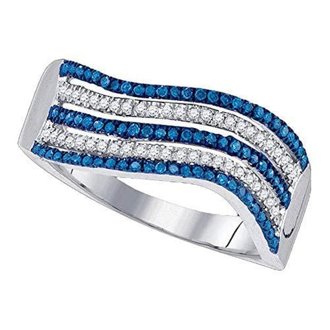 Dazzlingrock Collection 10kt White Gold Womens Round Blue Color Enhanced Diamond Alternating Stripe Band Ring 1/3 Cttw