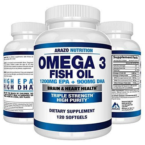 Omega 3 Fish Oil 2250mg | HIGH EPA 1200MG + DHA 900MG Triple Strength Burpless Capsules | Arazo Nutrition (120 Count)