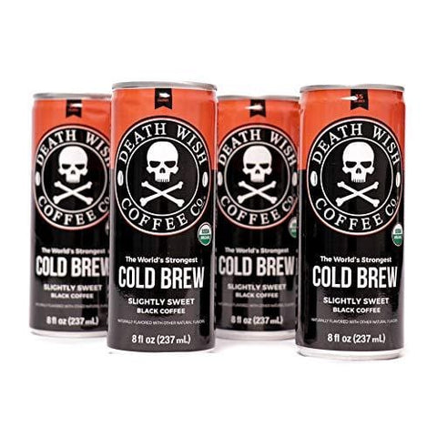 Death Wish Coffee, Cold Brew Cans, The World's Strongest Coffee, Organic Iced Coffee Drink - 8 Ounces - 4 Pack (Slightly Sweetened Black)