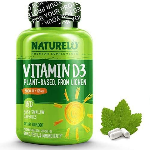 NATURELO Vitamin D - 5000 IU - Plant Based - from Lichen - Best Natural D3 Supplement for Immune System, Bone Support, Joint Health - Whole Food - Vegan - Non-GMO - Gluten Free - 180 Capsules