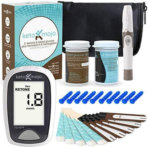 KETO-MOJO Blood Ketone and Glucose Testing Kit, Monitor Your Ketogenic Diet, 1 Meter, 1 Lancing Device, 10 Lancets, 10 Ketone Test Strips, 10 Glucose Test Strips, Carrying Case