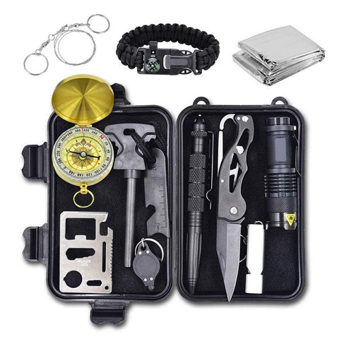 Alritz Emergency Survival Kit, 12 in 1 Outdoor Survival Gear Lifesaving Tools Contains Compass, Fire Starter, Flashlights for Camping Hiking Wilderness Adventures and Disaster Preparedness