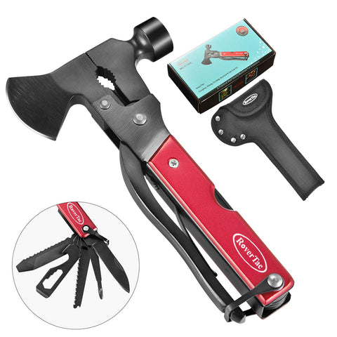 RoverTac Multitool Camping Tool Survival Gear Handy Gifts for Dad Men UPGRADED 14 in 1 Stainless Steel Multi tool with Hammer Axe Knife Plier Screwdrivers Saw Bottle Opener Durable Sheath