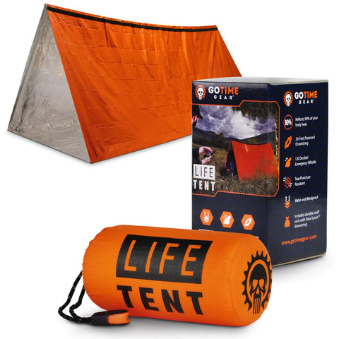 Go Time Gear Life Tent Emergency Survival Shelter - 2 Person Emergency Tent - Use As Survival Tent, Emergency Shelter, Tube Tent, Survival Tarp - Includes Survival Whistle & Paracord (Orange)