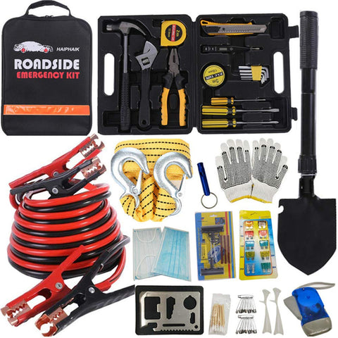 HAIPHAIK Emergency Roadside Toolkit - Multipurpose Emergency Pack Car Premium Road Kit Essentials Jumper Cables Set 11.8 Foot (Upgrade) Emergency Roadside Kit 124 Pieces