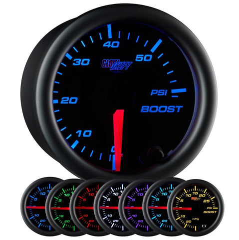 GlowShift Black 7 Color 60 PSI Turbo Boost Gauge Kit - Includes Mechanical Hose & Fittings - Black Dial - Clear Lens - for Diesel Trucks - 2-1/16" 52mm