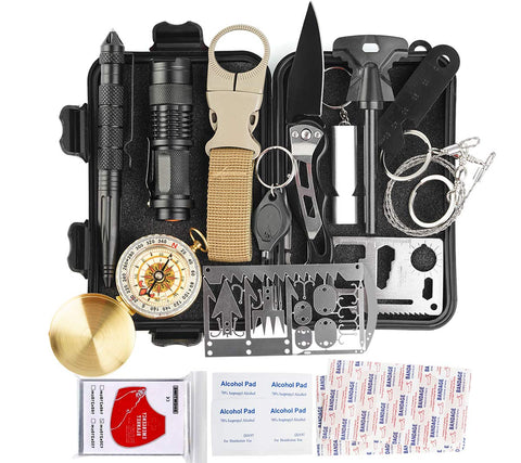 KITPIPI Survival Gear Kit 27 Pieces Outdoor Survival Tool Emergency Camping Gear with Compass Flintstones Saber Card Styptic for Adventure Outdoors Sport Best Gift for Men Boys