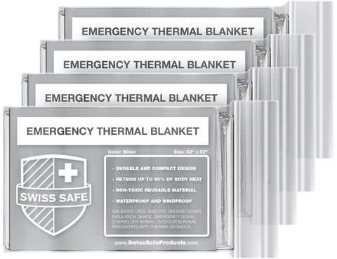 Swiss Safe Emergency Mylar Thermal Blankets (4-Pack) + Bonus Signature Gold Foil Space Blanket: Designed for NASA, Outdoors, Hiking, Survival, Marathons or First Aid