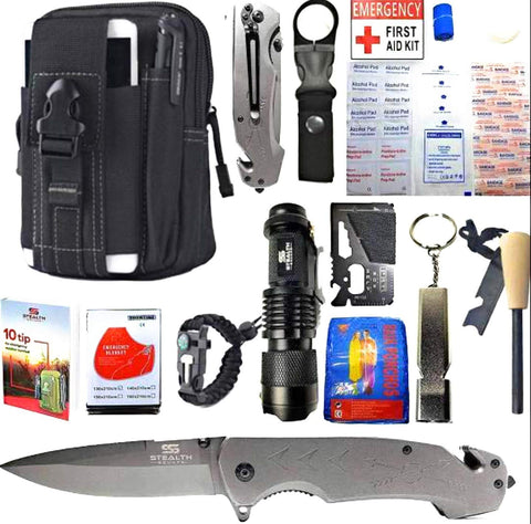 STEALTH SQUADS 42 in 1 Survival Military Pouch KIT, Premium Tactical Pocket Knife, First AID KIT, EDC Multi-Tool USE for Camping, Hiking, Biking, Outdoor Safety Gears w/Bonus E-Book (Black)