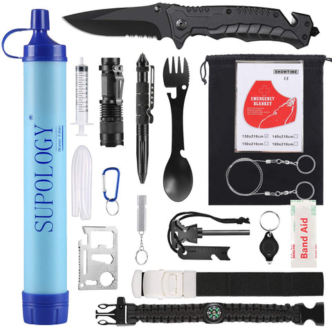 SUPOLOGY Emergency Survival Gear Kits -23 in 1 Outdoor Tactical Tools for Hiking/Adventures/Climbing Necessary - Water Filter,Flashlight,Tactical Pen,Spoon Fork,Survival Bracelet, Fire Starter ect.