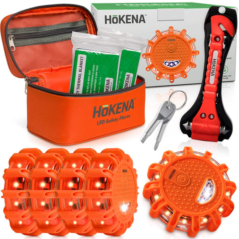 HOKENA LED Road Flares Roadside Emergency Kit - 5 Pack Roadside Safety Discs w/Emergency Blanket, Window Breaker Seatbelt Cutter Tool, Premium Road Flare Storage Bag & More