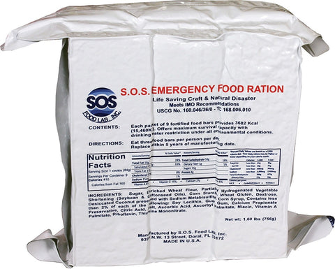 SOS Food Labs, Inc. 185000825 S.O.S. Rations Emergency 3600 Calorie Food bar - 3 Day/ 72 Hour Package with 5 Year Shelf Life, 5" Height, 2" Wide, 4.5" Length