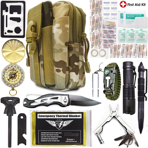 EVERLIT Survival Kit, 80-in-1 Outdoor Gears Tactical Tools Emergency Kit, First Aid Kit, Flashlight, Survival Bracelet, Emergency Blanket, Tactical Pen, for Camping, Hiking, Hunting (CAMO 40-in-1)